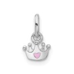 Sterling Silver RH-plated Pink Enameled Heart Crown Children's Pendant