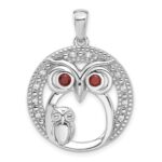Sterling Silver Rhodium-plated Garnet and CZ Owls Pendant