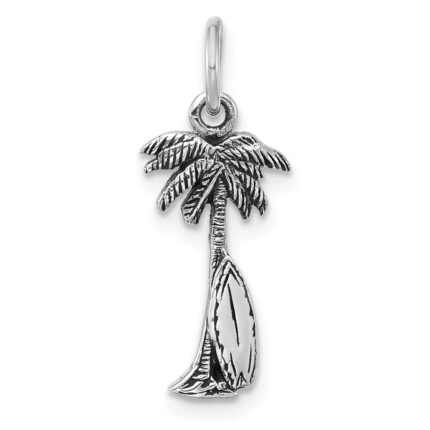 Sterling Silver Rhodium-plated Antiqued Palm Tree and Surfboard Pendant