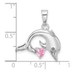 Sterling Silver Rhodium-plated Polished and Antiqued Pink CZ Dolphin Pendant - Image 4