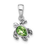 Sterling Silver Rhodium-plated Polished and Antiqued Crystal August Birthstone Turtle Pendant