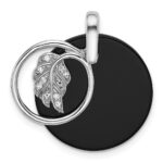Sterling Silver Rhodium-plated Polished Onyx Circle and CZ Leaf Dangle Pendant - Image 4