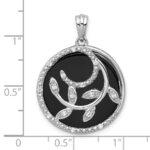 Sterling Silver Rhodium-plated Polished Onyx Circle and CZ Leaves Pendant - Image 4