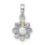 Sterling Silver Rhodium-plated Polished Green, Pink, Blue and Purple CZ and Freshwater Cultured Pearl Flower Pendant
