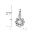Sterling Silver Rhodium-plated Polished Green, Pink, Blue and Purple CZ and Freshwater Cultured Pearl Flower Pendant - Image 4