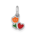 Sterling Silver Rhodium-plated Polished Orange/Red/Green Enamel Flower With Heart Childrens Pendant