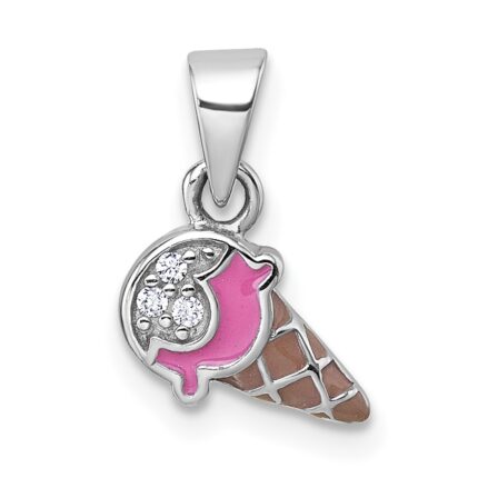 Sterling Silver Rhodium-plated Children's Pink and Brown Enamel with CZ Ice Cream Cone Pendant