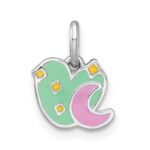 Sterling Silver Rhodium-plated Polished Green/Pink/Yellow Enamel Heart And Moon Childrens Pendant