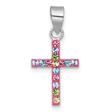 Sterling Silver Rhodium-plated Polished Pink/Blue/Green/Purple Crystal Childrens Cross Pendant