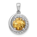 Sterling Silver Rhodium-plated Polished Checker-cut Round Citrine and White Topaz Circle Pendant