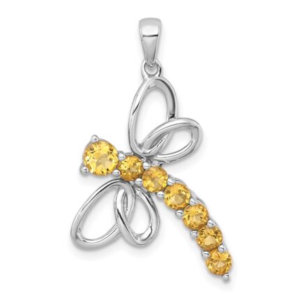 Sterling Silver Rhodium-plated Polished Citrine Dragonfly Pendant