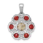Sterling Silver Rhodium-plated Polished Citrine and Garnet Flower Pendant - Image 3