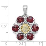 Sterling Silver Rhodium-plated Polished Citrine and Garnet Flower Pendant - Image 4