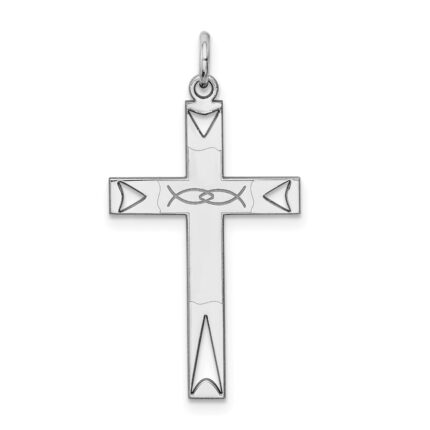 Sterling Silver Rhodium-plated Laser Designed Cross Pendant