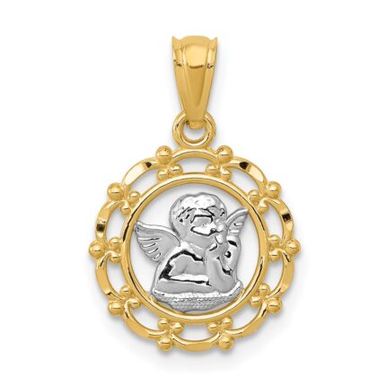 14k and White Rhodium Scalloped Frame Cherub Round Pendant