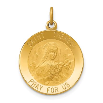 14k Polished and Satin Solid St Theresa Medal Round Pendant