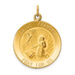 14k Polished and Satin Solid St Francis Medal Round Pendant