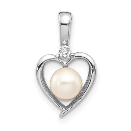 14k White Gold 5.5mm June/Freshwater Cultured Pearl and Diamond Heart Pendant