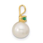14k 7-8mm White Round Freshwater Cultured Pearl and .21EM Emerald Post Earrings and Pendant Set - Image 2