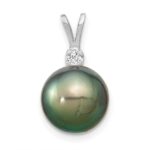 14k White Gold 10-11mm Round Black Tahitian Saltwater Cultured Pearl and  .05 Carat Diamond Pendant