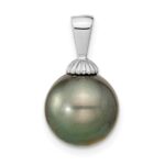 14k White Gold 10-11mm Black Round Tahitian Saltwater Cultured Pearl Pendant