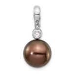 14k White Gold 10-11mm Black Round Tahitian Saltwater Cultured Pearl and .07 Carat Diamond Pendant