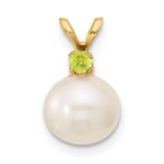 14k 8-8.5mm White Round Freshwater Cultured Pearl and .07PE Peridot Pendant