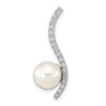 14k White Gold 7-8mm Round White Akoya Saltwater Cultured Pearl and .06 Carat Diamond Chain Slide