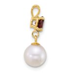 14k Polished 7-8mm Round White Freshwater Cultured Pearl Dangle and Garnet Pendant - Image 2