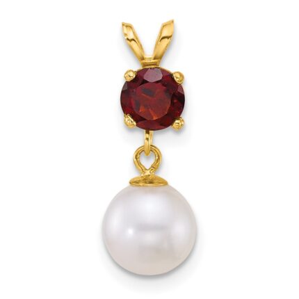 14k Polished 7-8mm Round White Freshwater Cultured Pearl Dangle and Garnet Pendant