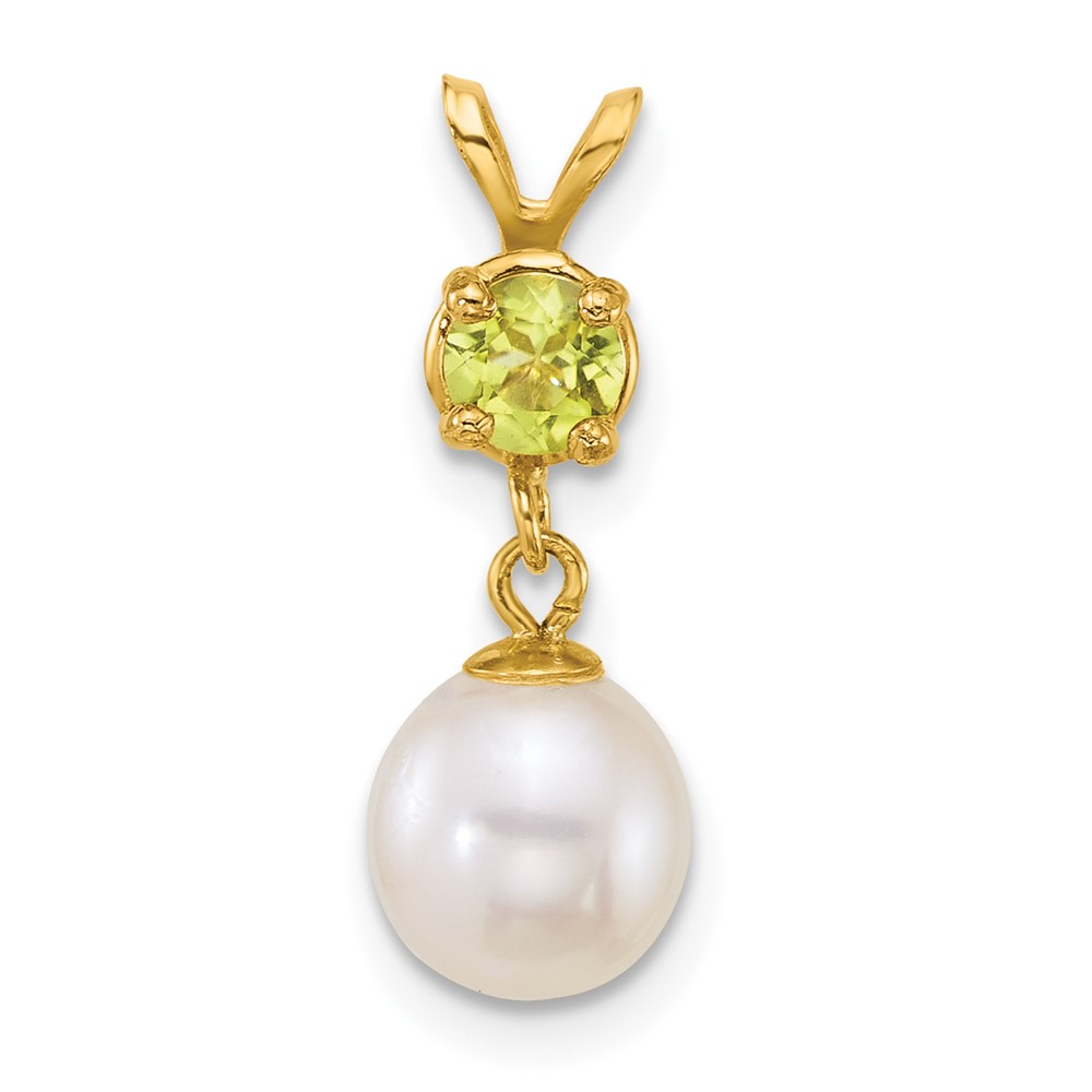 XF878_PE.jpg 14k Polished 7-8mm Round White Freshwater Cultured Pearl Dangle and Peridot Pendant - Image 1