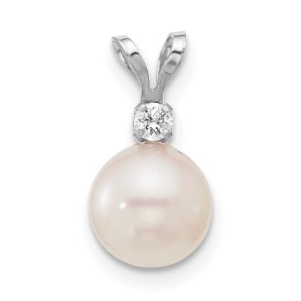 14k White Gold 7-8mm White Round Akoya Saltwater Cultured Pearl and .05 Carat Diamond Pendant