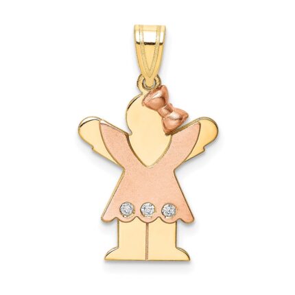 14k Two-tone The Kids Small Girl with Ruffles and Bow on Right AA Diamond Love Pendant