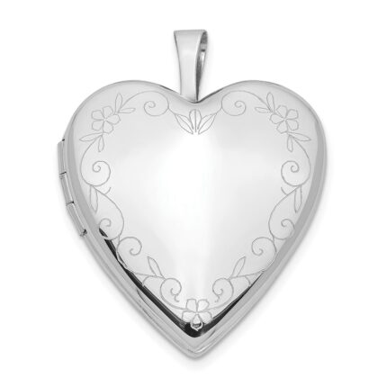 14K White Gold Floral Vine Border 20mm Heart Locket