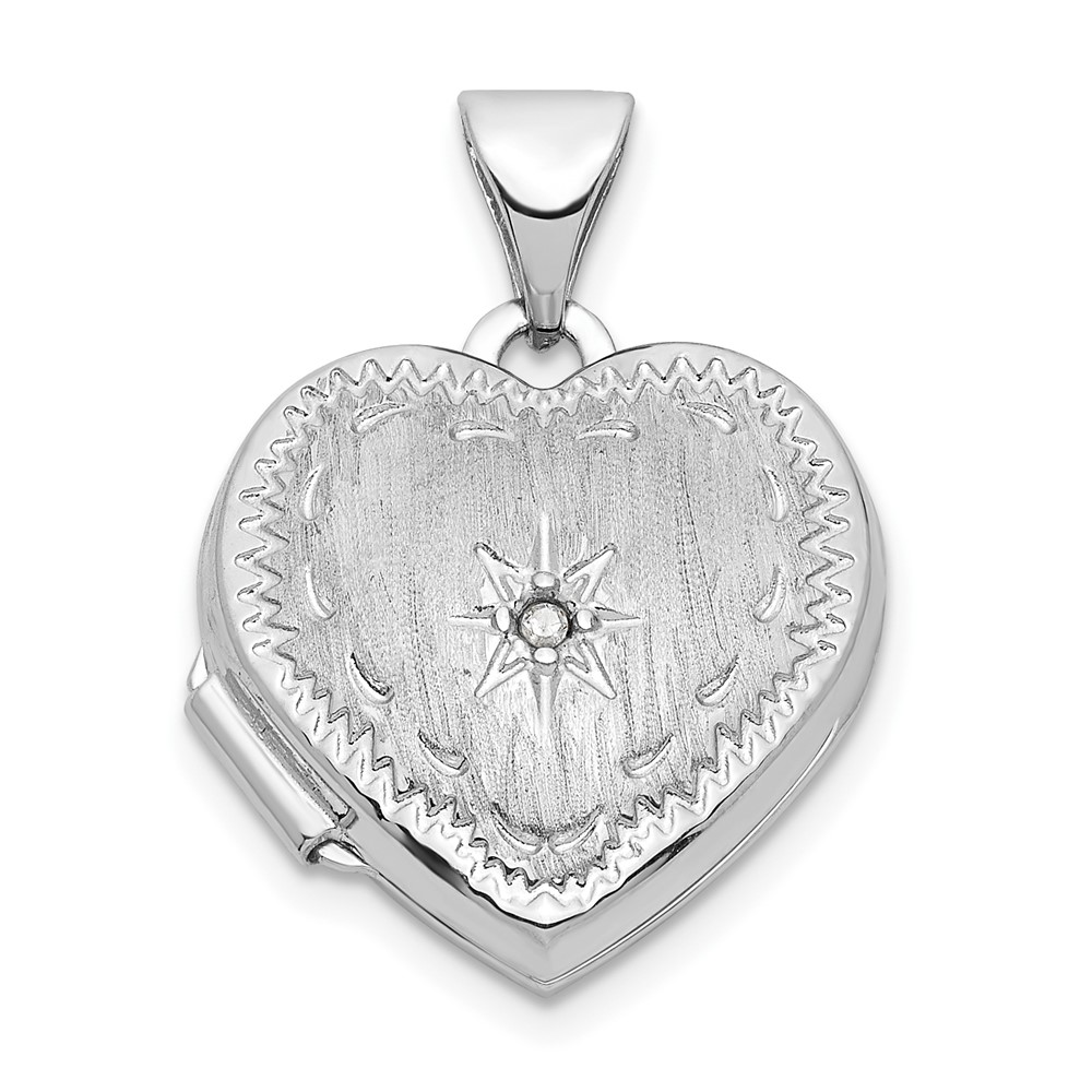 XL809.jpg 14k White Gold Brushed Diamond Star 15mm Heart Locket - Image 1