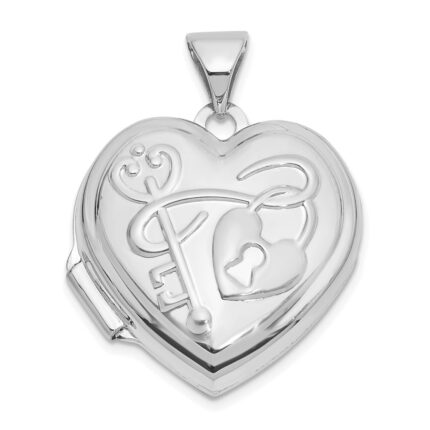 14K White Gold Lock and Key Reverses to YOU HOLD THE KEY TO MY HEART 18mm Heart Locket