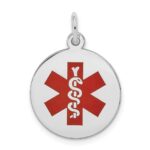 14k White Gold 16mm Round Red Enameled Medical Jewelry Pendant