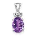 14k White Gold 8x6mm Oval Amethyst and AA Diamond Pendant