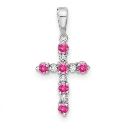 14k White Gold Pink Tourmaline and Diamond Cross Pendant