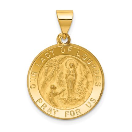 14k Polished and Satin Hollow Our Lady of Lourdes Medal Round Pendant