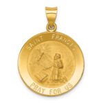 14k Polished and Satin Hollow St Francis Medal Round Pendant