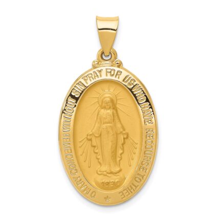14k Polished and Satin Hollow Miraculous Medal Oval Pendant