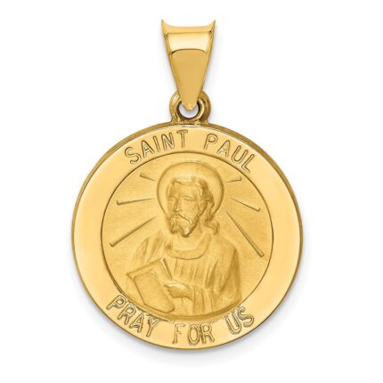 14k Polished and Satin Hollow St Paul Medal Round Pendant