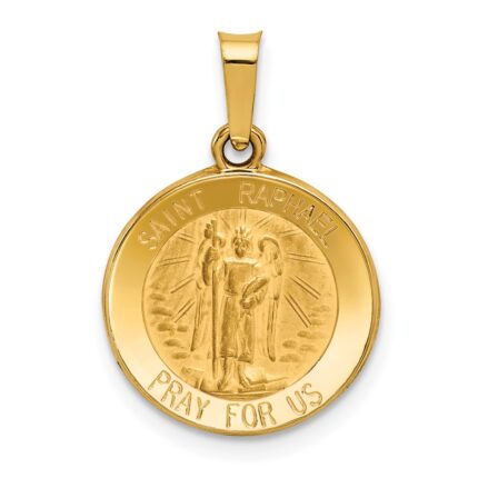 14k Polished and Satin Hollow St Raphael Medal Round Pendant