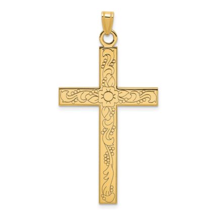 14k Etched Floral Design Cross Pendant
