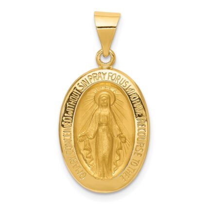 14k Polished and Satin Hollow Miraculous Medal Oval Pendant