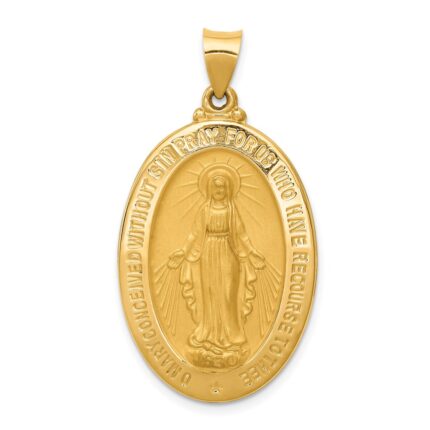 14k Polished and Satin Hollow Miraculous Medal Oval Pendant