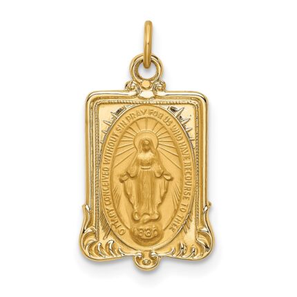 14k Polished and Satin Solid Miraculous Medal Rectangular Pendant