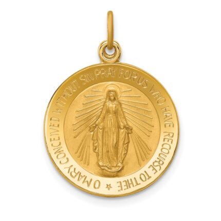 14k Polished and Satin Solid Small Miraculous Medal Round Pendant