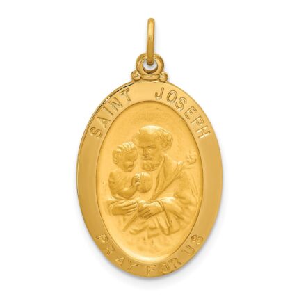 14k Polished and Satin Solid Oval St. Joseph Medal Pendant